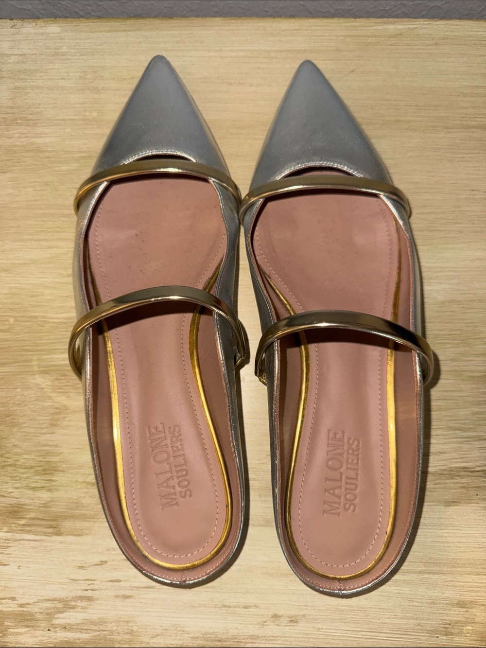 Malone Souliers Silver Pointed Toe Slip-Ons with Gold Straps and Pink Insole
